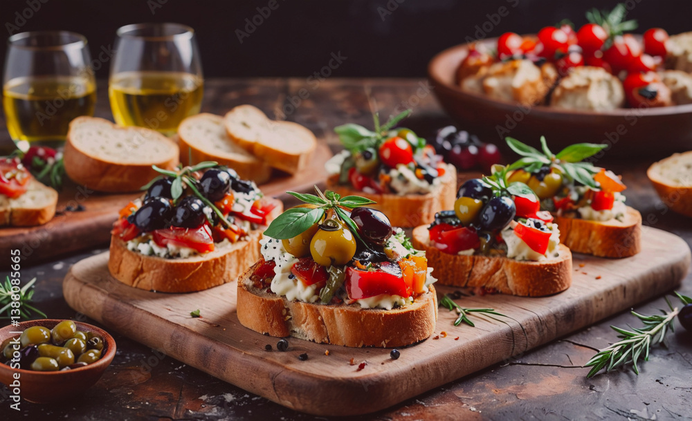 Poster wooden board with a variety of breads and vegetables on it. there are also some glasses of wine on t