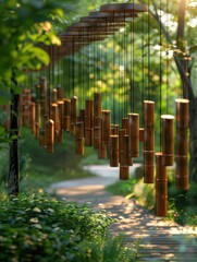 Visitors interact with bamboo chimes while enjoying the serene atmosphere and dappled sunlight in the park