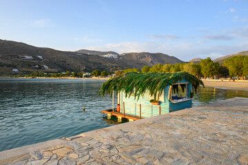 View of the bay in Aegiali village. Amorgos island, Cyclades, Greece