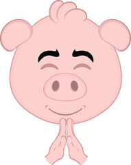 vector illustration emoji character face pig cartoon, with his hands in a praying position