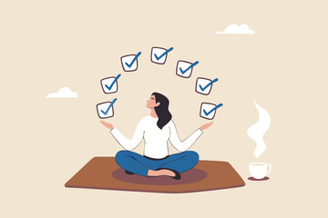 Work focus, concentration to complete tasks, efficiency or productivity success, multitasking, organize or planning to finish work concept, businesswoman meditate focus on work completed checkbox.