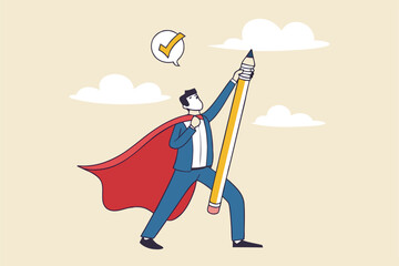 Fototapeta premium Finish work and achieve goal, responsibility, effort, productivity or efficiency to complete project, challenge to success concept, businessman superhero finish task checklist to achieve work target.