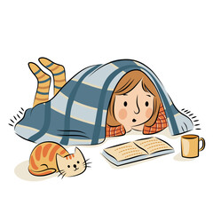 The girl lies under a blanket and reads a book. Nearby lies a cat and a cup of tea. Vector illustration