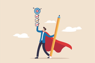 Finish work and achieve goal, responsibility, effort, productivity or efficiency to complete project, challenge to success concept, businessman superhero finish task checklist to achieve work target.