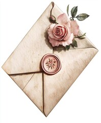 Image of a vintage envelope decorated with a delicate rose and a floral motif stamp on a white background. Perfect for romantic cards, wedding invitations and retro designs.