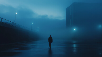 Mysterious figure standing alone in a foggy urban landscape during twilight