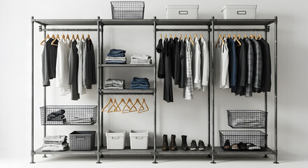 Contemporary Open Wardrobe with Industrial Pipe Design and Neutral Color Palette