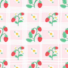 Sweet berries seamless pattern with wild strawberry and gingham background in soft pastel tones. Great for textile prints, summer products, and minimal romantic themes © alia.kurianova