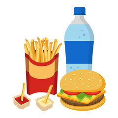 Fast Food Combo - Hamburger, Soda, and French Fries. Vector Illustration