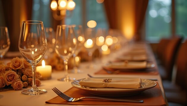 Elegant event table setting prepared for guests. Decorated empty plate, wine glasses, cutlery, napkin. Wedding, party, celebration, dining, formal event. Romantic atmosphere with candles, flowers,