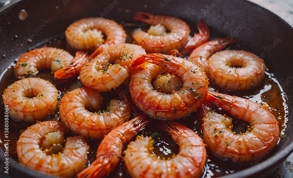 Leinwandbilder pan of shrimp is cooked in a skillet. the shrimp are in a circular shape and are brown in color