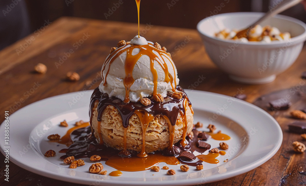 Poster dessert with a chocolate topping and a scoop of ice cream on top. the dessert is served on a white p