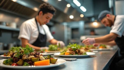 Chefs prepare plant-based dishes in restaurant kitchen. Plates with vegan food on the table. Healthy food, culinary innovation in plant based dining for restaurants and food producers.