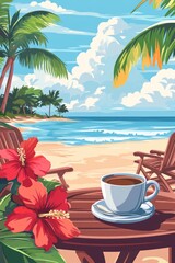 Fototapeta premium Tropical beach scene features coffee flowers and chairs for relaxation