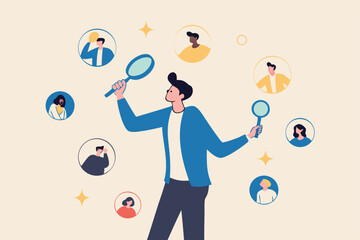 Recruitment finding candidate for job applicant, human resources HR analyze or scan candidate winner, search new people for job opportunity concept, HR recruiter magnifying glass analyze candidate.