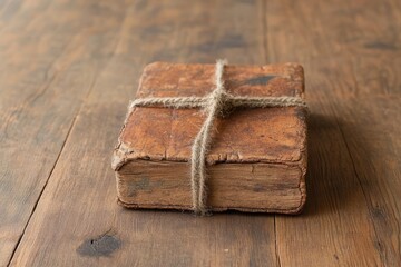 Fototapeta premium Vintage Book Tied with Twine on Rustic Wooden Table