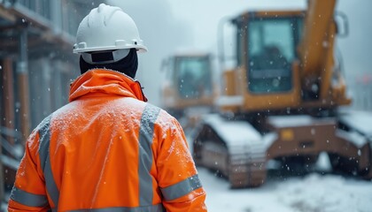 Construction worker with white helmet, orange high-visibility jacket stands on snow-covered construction site. Heavy machinery in background during snowfall. Winter weather, labor, industrial