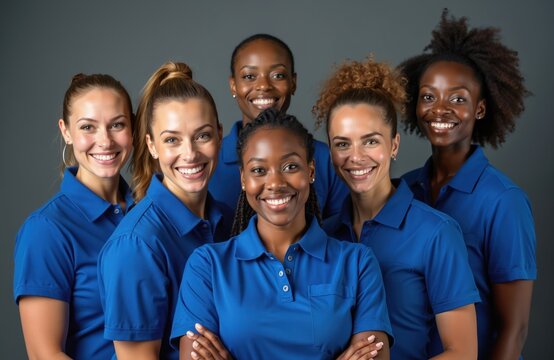 Group diverse happy women in blue uniform smiles. Smiling workers portrait in studio. Janitorial team, cleaning service staff, customer support. Teamwork, service, help, support. Office, hospital, - Powered by Adobe
