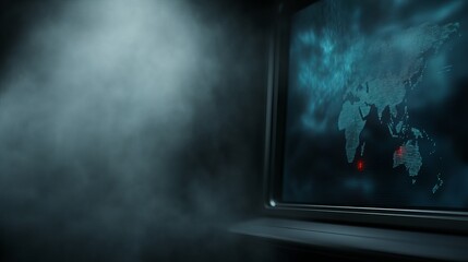 A dark and atmospheric view of a glowing map on a screen, creating a mysterious and tech-inspired mood.