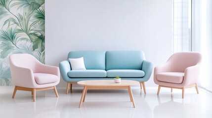 Pastel-toned living room set with a modern aesthetic.  Soft furnishings in a calming color palette of light blue and blush pink.  