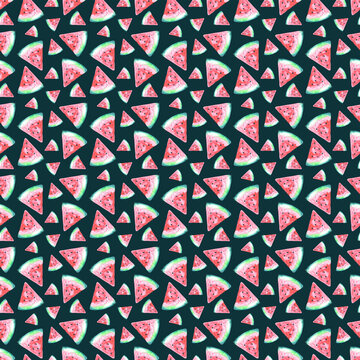 Watercolor Watermelon Pattern on Dark Green Background