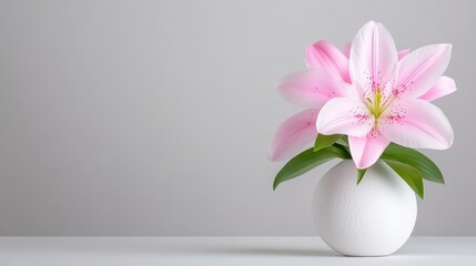 A delicate pink lily in a white ceramic vase on a minimalist grey background, and showcasing elegance and simplicity in floral arrangement.