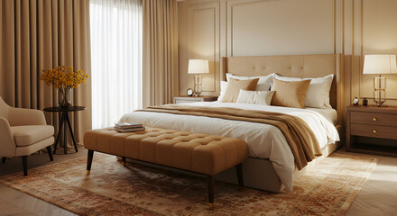 Sophisticated Bedroom Interior Design in Neutral Camel and Beige Colors