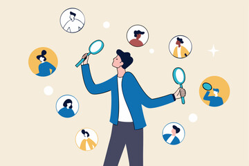 Recruitment finding candidate for job applicant, human resources HR analyze or scan candidate winner, search new people for job opportunity concept, HR recruiter magnifying glass analyze candidate.