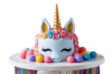 Colorful unicorn cake with festive decorations
