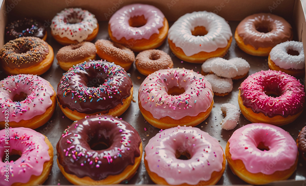 Poster box of assorted donuts with pink and white frosting. there are many different flavors and toppings