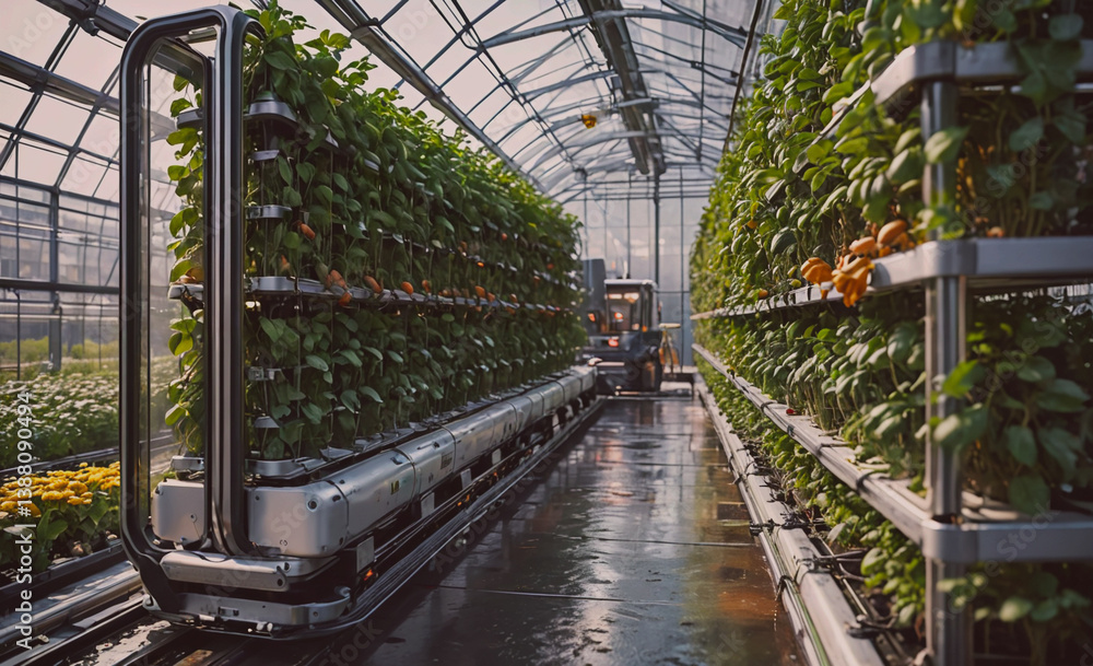 Poster greenhouse with plants and a machine in the middle. the machine is moving. there are many plants in 