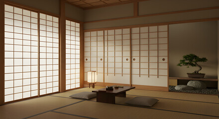 Authentic Japanese Interior With Tatami Mats And Shoji Screens Design