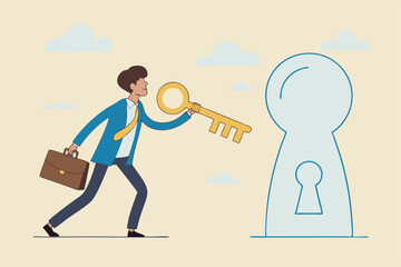 Success secret key discovery, job offer or career opportunity, unlock key to solve problem, leadership key success concept, businessman open door from keyhole to offer secret golden unlock key.