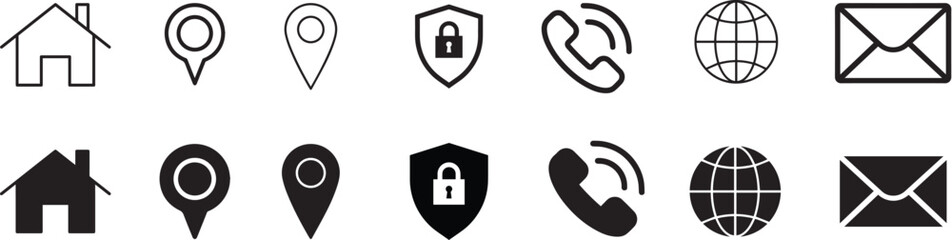  minimalist design, home symbol, location pin, shield emblem, telephone receiver, globe icon, envelope graphic, user interface elements, website navigation buttons, simple line