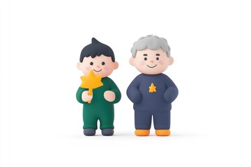 Two cartoon characters, a boy and an older man, stand side-by-side, holding and wearing autumnal themed accessories.  They appear friendly and cheerful