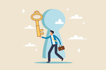 Success secret key discovery, job offer or career opportunity, unlock key to solve problem, leadership key success concept, businessman open door from keyhole to offer secret golden unlock key.