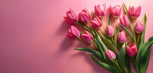 Fototapeta premium A row of soft pink tulips with green leaves on a matching pink background, full blooms, soft lighting, romantic elegant floral composition.