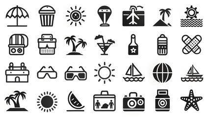 Fototapeta premium Black and white icons of summer vacation accessories. Family vacation. Sea trip. Travel to warm countries. Summer vacation icons for web design