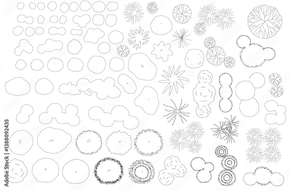 Poster Vector tree top view isolated on white background for landscape plan and architecture layout drawing, elements for environment and garden, cad
