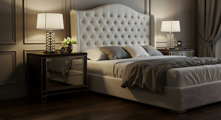 Elegant Bedroom Interior with Tufted Headboard and Ambient Lighting