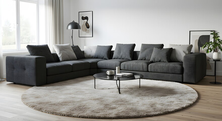 Modern Living Room With Modular Sofa And Round Shaggy Rug Interior Design