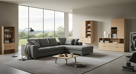 Modern Living Room Interior With Sectional Sofa And Wooden Storage Units