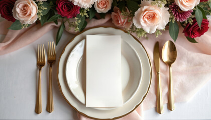 Elegant table setting features floral arrangement, fine dining menu, gold cutlery. Wedding reception, upscale celebration, special occasion, event. Inviting atmosphere, culinary presentation, refined