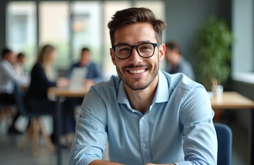 Obraz premium Smiling businessman with eyeglasses at desk in coworking. Young pro male, wear blue shirt, happy in office, looking at camera. Co-workers at blurred background. Focus on face. Workplace, career,