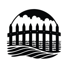 Beach fence with ocean view Isolated Black Vector Silhouette Illustration With White Background