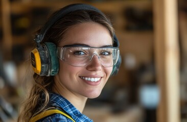 Worker in protective gear (earmuffs, goggles) in a workshop with woodworking tools, bright lighting, industrial safety theme, focused composition.