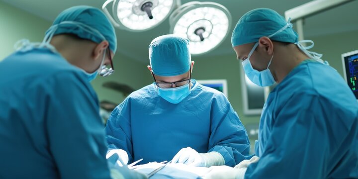 Male surgeons in operating room performing surgery in hospital - Powered by Adobe