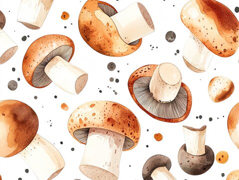 Mushroom Watercolor: A collection of watercolor mushrooms against a splattered pattern backdrop, inviting the eye. A tasty visual for culinary pursuits. 