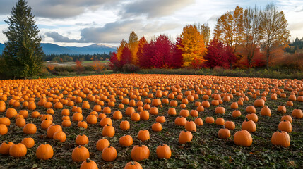 An aerial view of a countryside pumpkin field surrounded by red and yellow autumn trees.