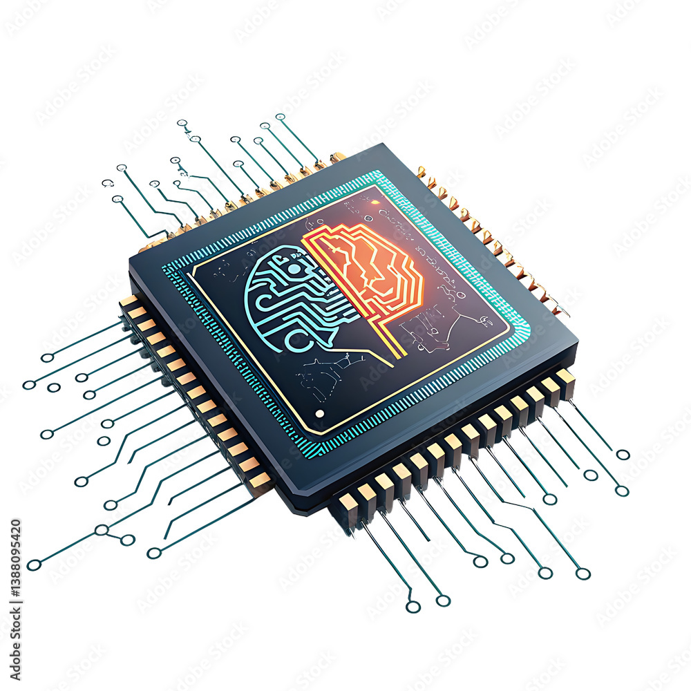 Poster close up of a microchip with a brain design on it against a black background in a studio shot